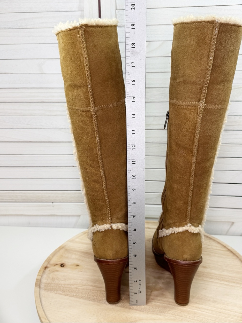 Ugg Aubrie Suede Shearling Wedge Heel Knee High Boots Tan 7.5 Boho Retro - Picture 9 of 12